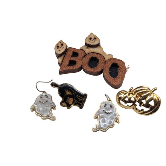 Halloween Boo Black Cat Jack-o-Lantern Pins & Ghost Dangling Earrings - Picture 6 of 6